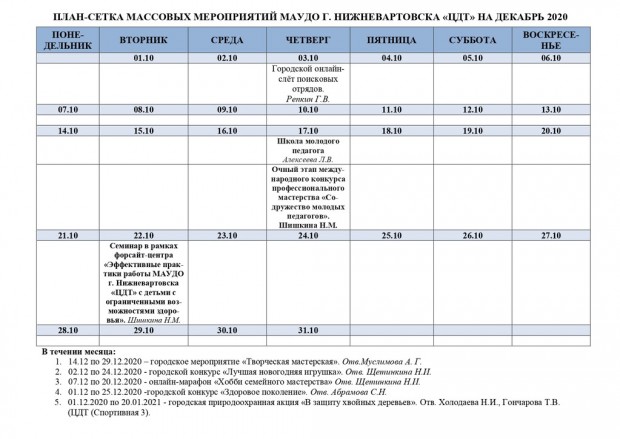 План сетка мероприятий